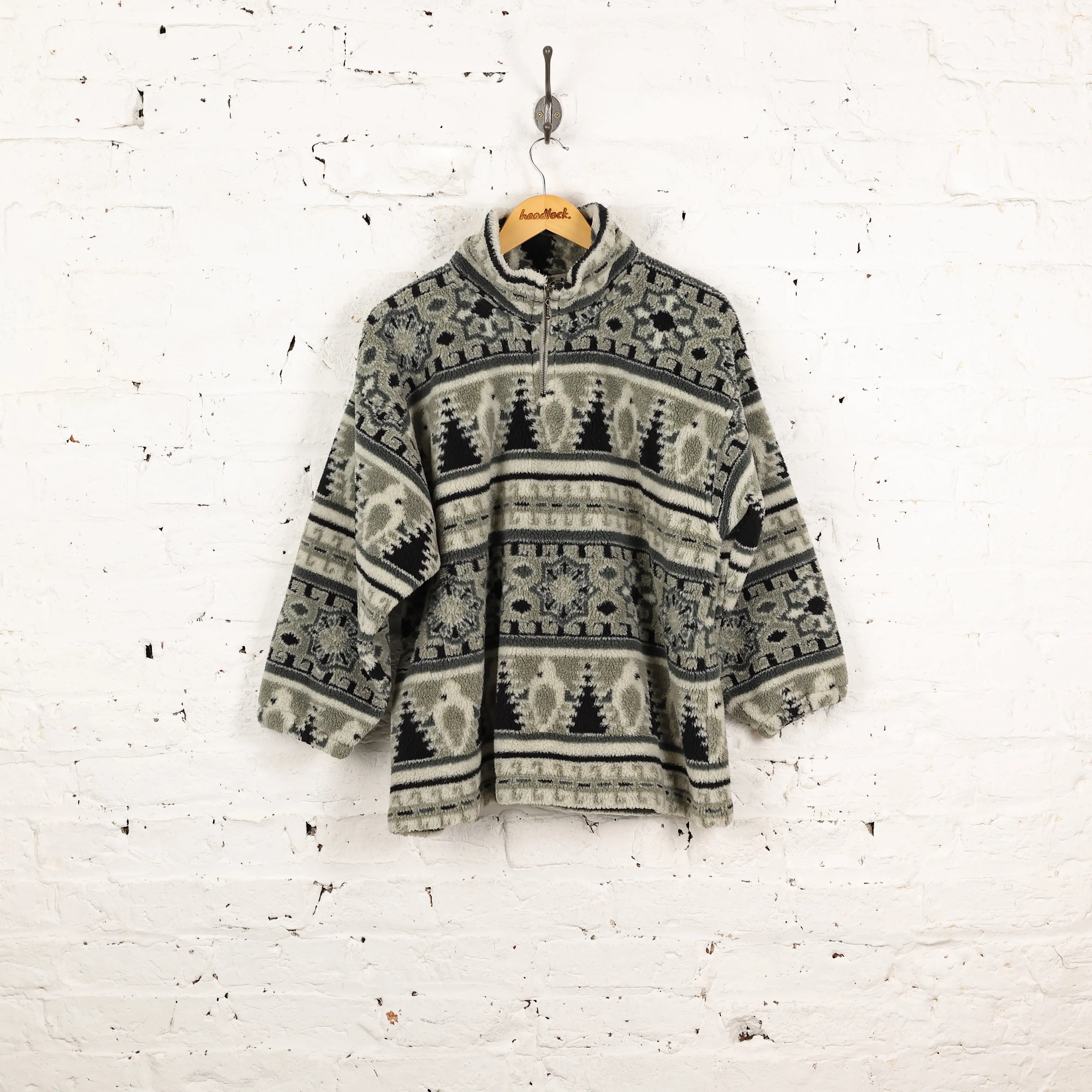 90s 1/4 Zip Pattern Pile Fleece - Grey - L