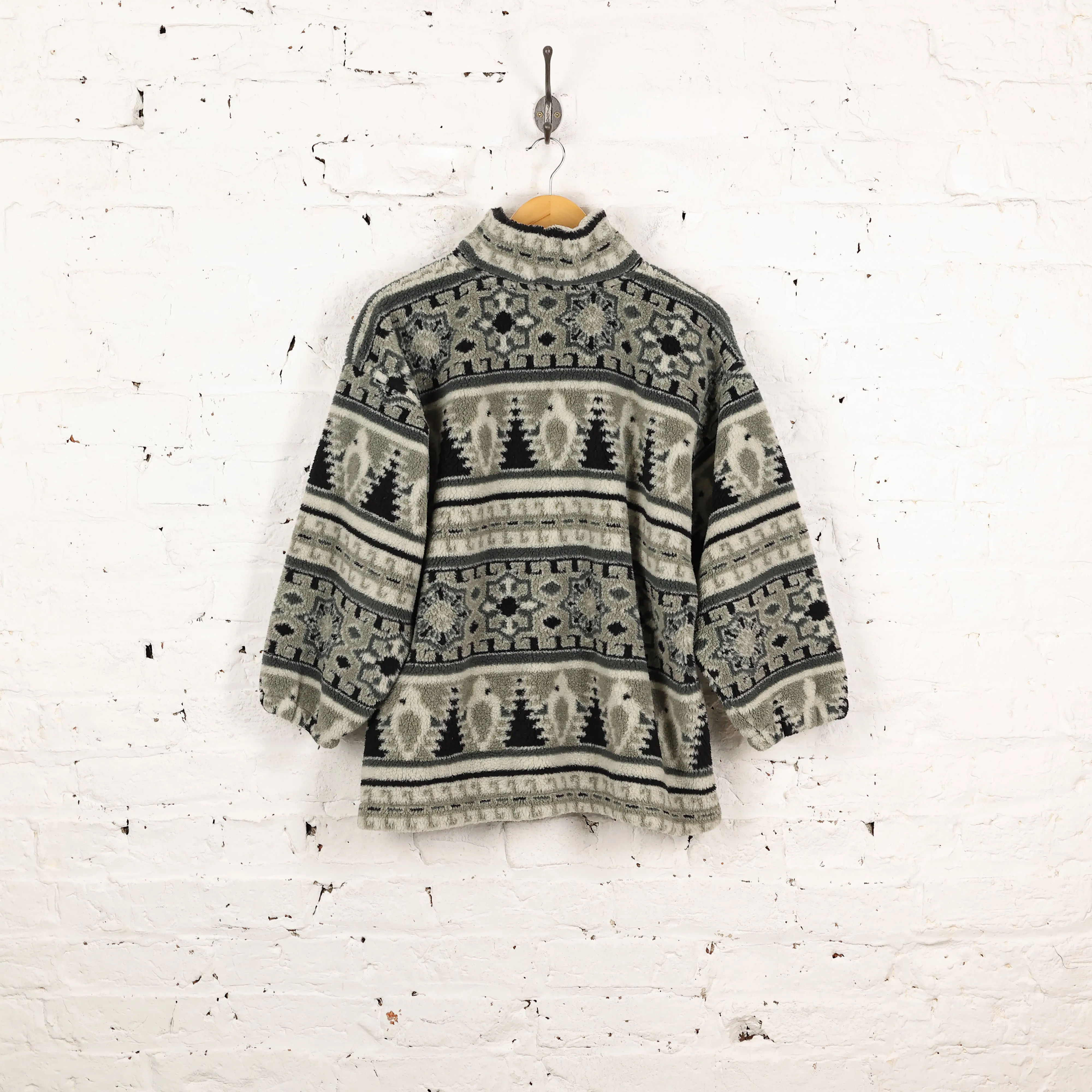 90s 1/4 Zip Pattern Pile Fleece - Grey - L
