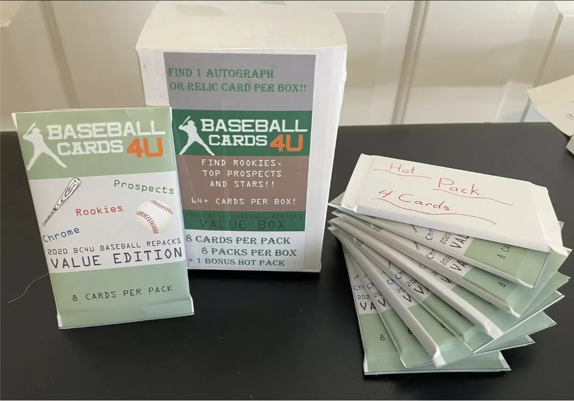 BASEBALL CARDS 4U MYSTERY REPACK MINI HOBBY BOX - 1 HIT PER BOX - 8 PACKS   BONUS PACK