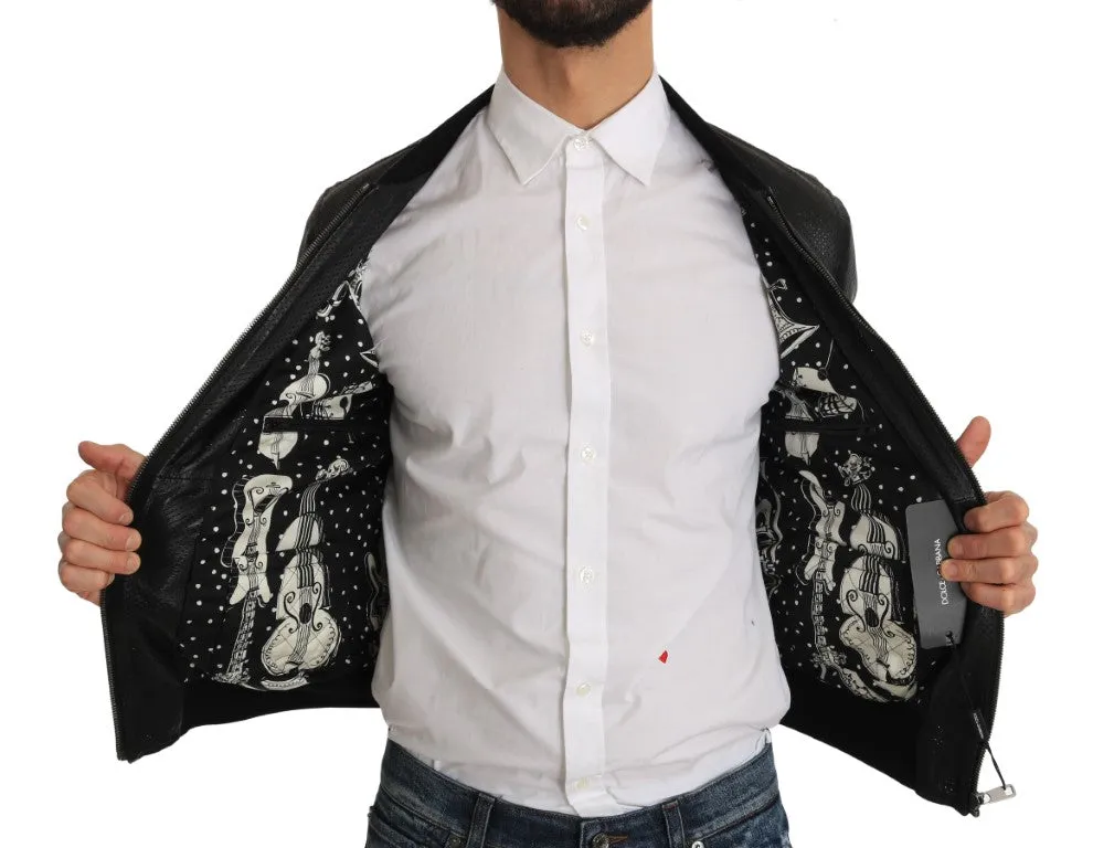Black Perforated Leather Bomber Jacket