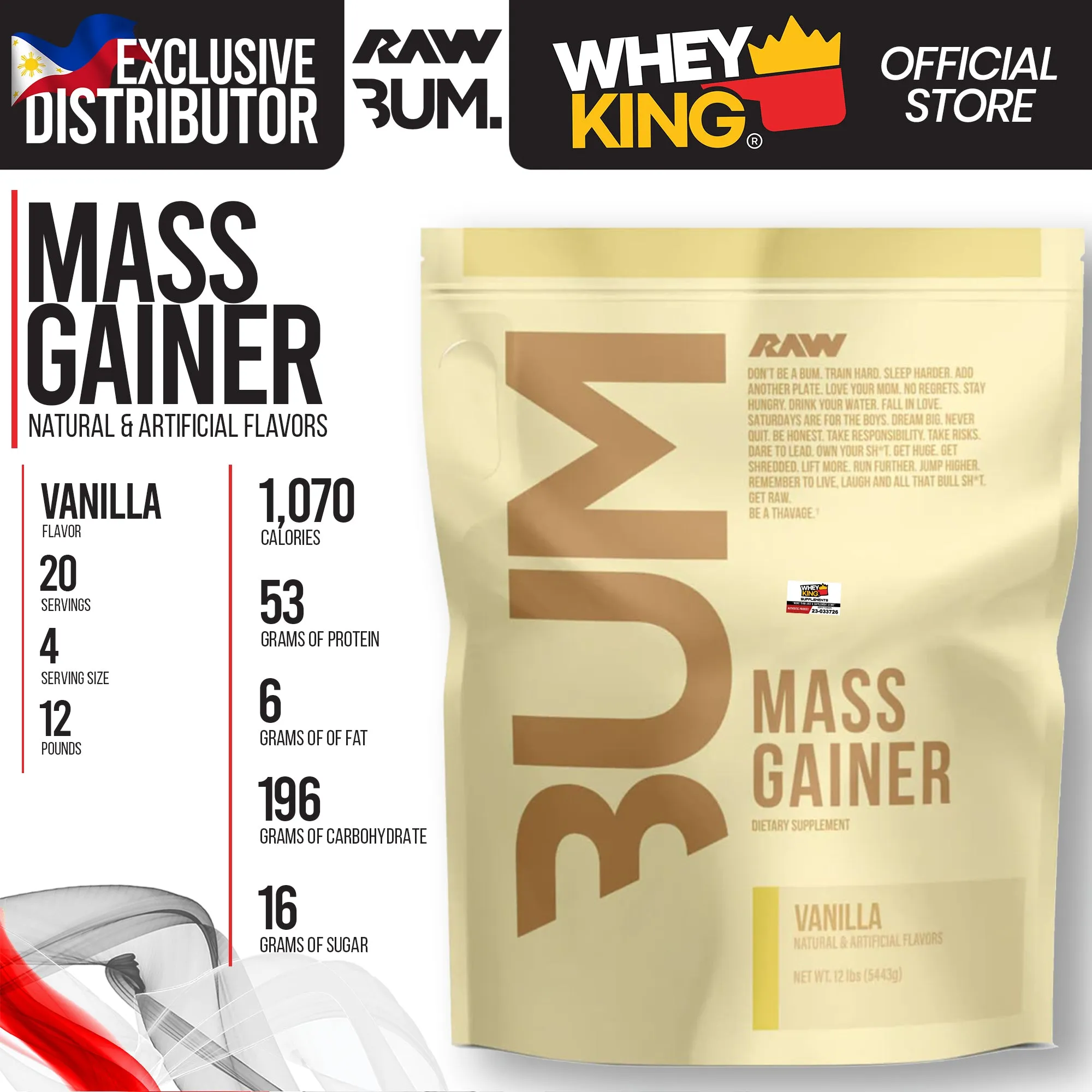 BUNDLE PROMO RAW Nutrition | CBUM - Mass Gainer FREE NCF L-Lysine 100CAPS