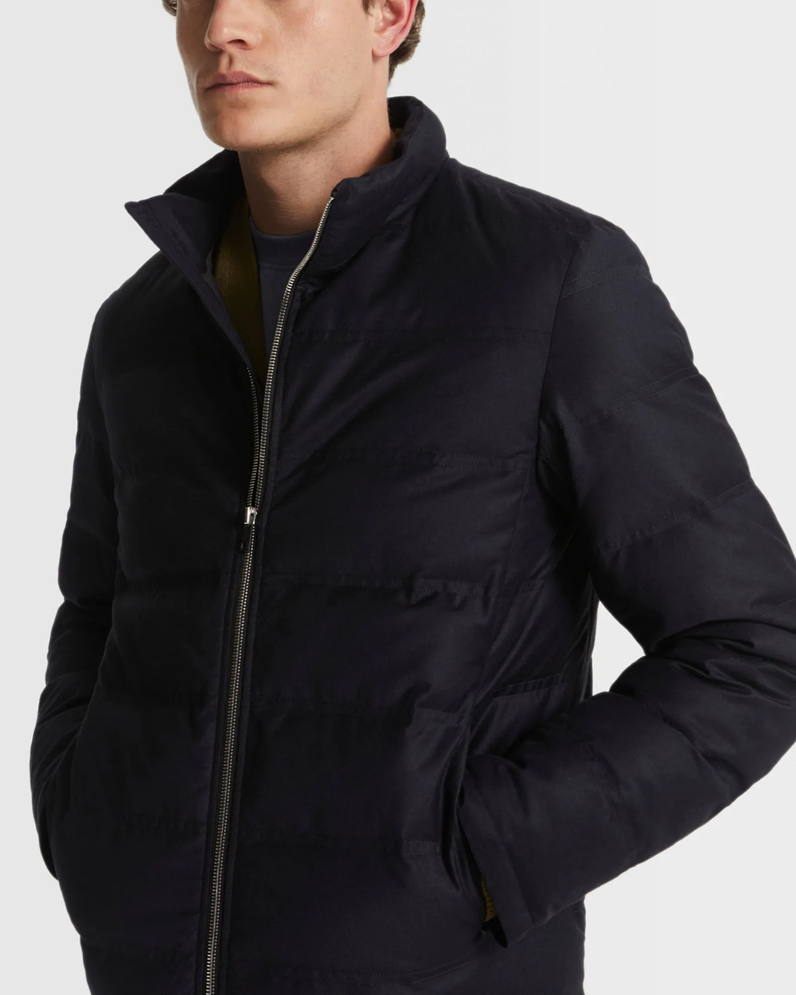 Collar down jacket in waterproof Loro Piana fabric