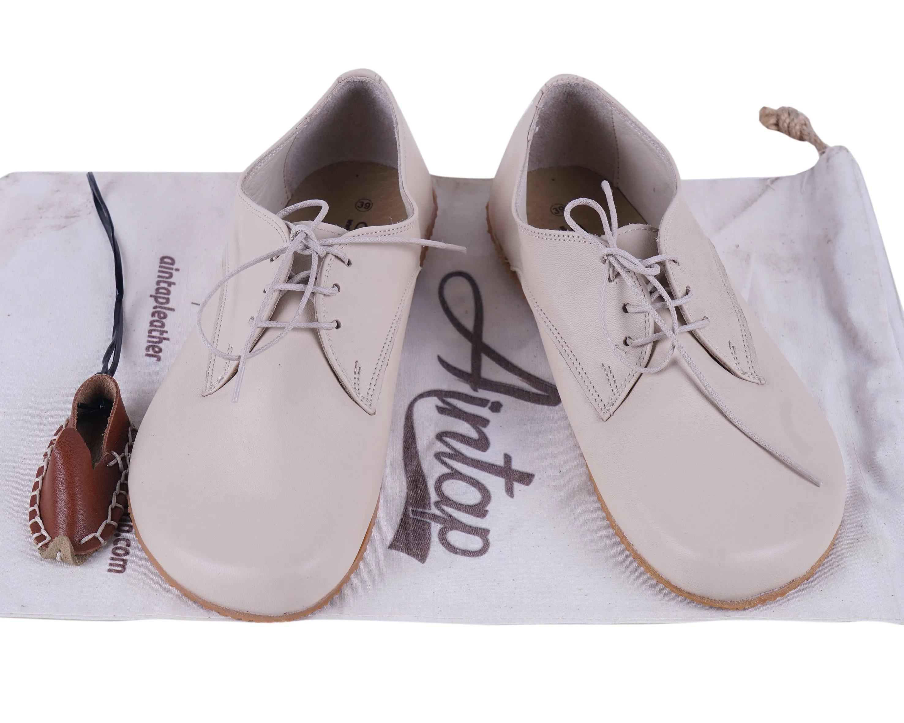 Cream Oxford Wide Barefoot Shoes Smooth Leather Handmade 4mm Rubber Outsole