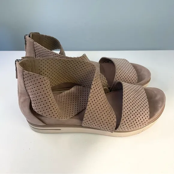 Eileen Fisher Sport Taupe Tumbled Perforated Leather Wedge Platform Sandal 8