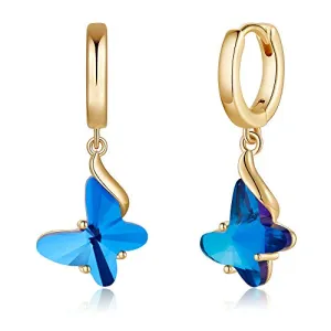 Gold Blue Butterfly Hoop Earrings