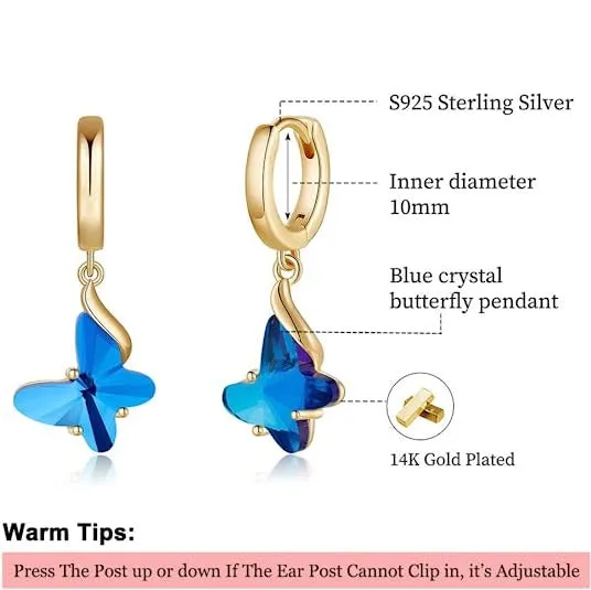 Gold Blue Butterfly Hoop Earrings