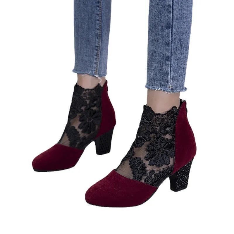 Lace Round Toe Thick Heel Shoes