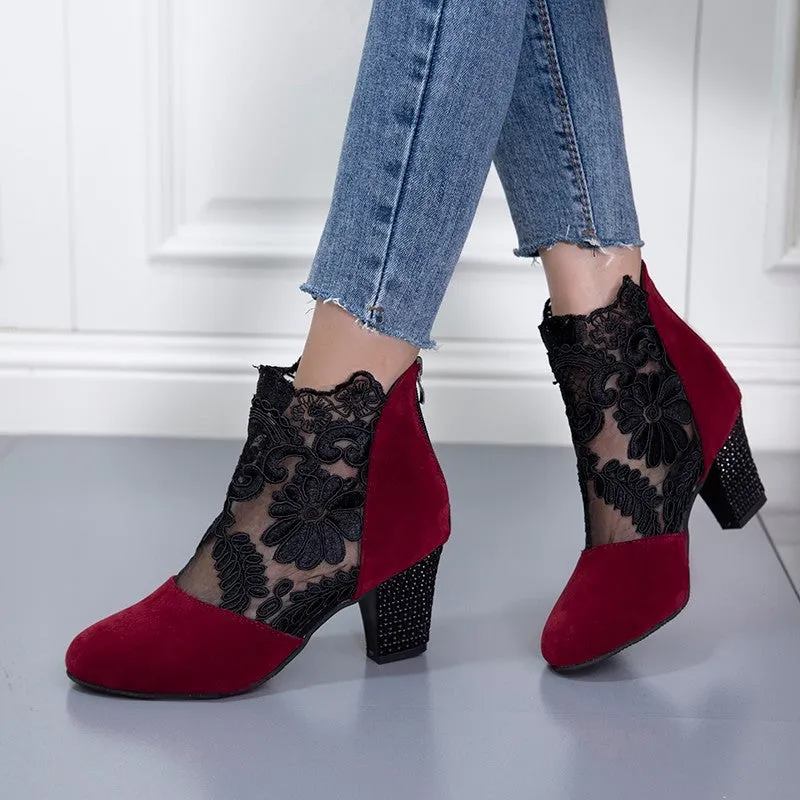 Lace Round Toe Thick Heel Shoes