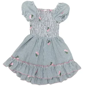 Little Mass Black & White w/Embroidered Flowers Smocked Hi Lo Dress