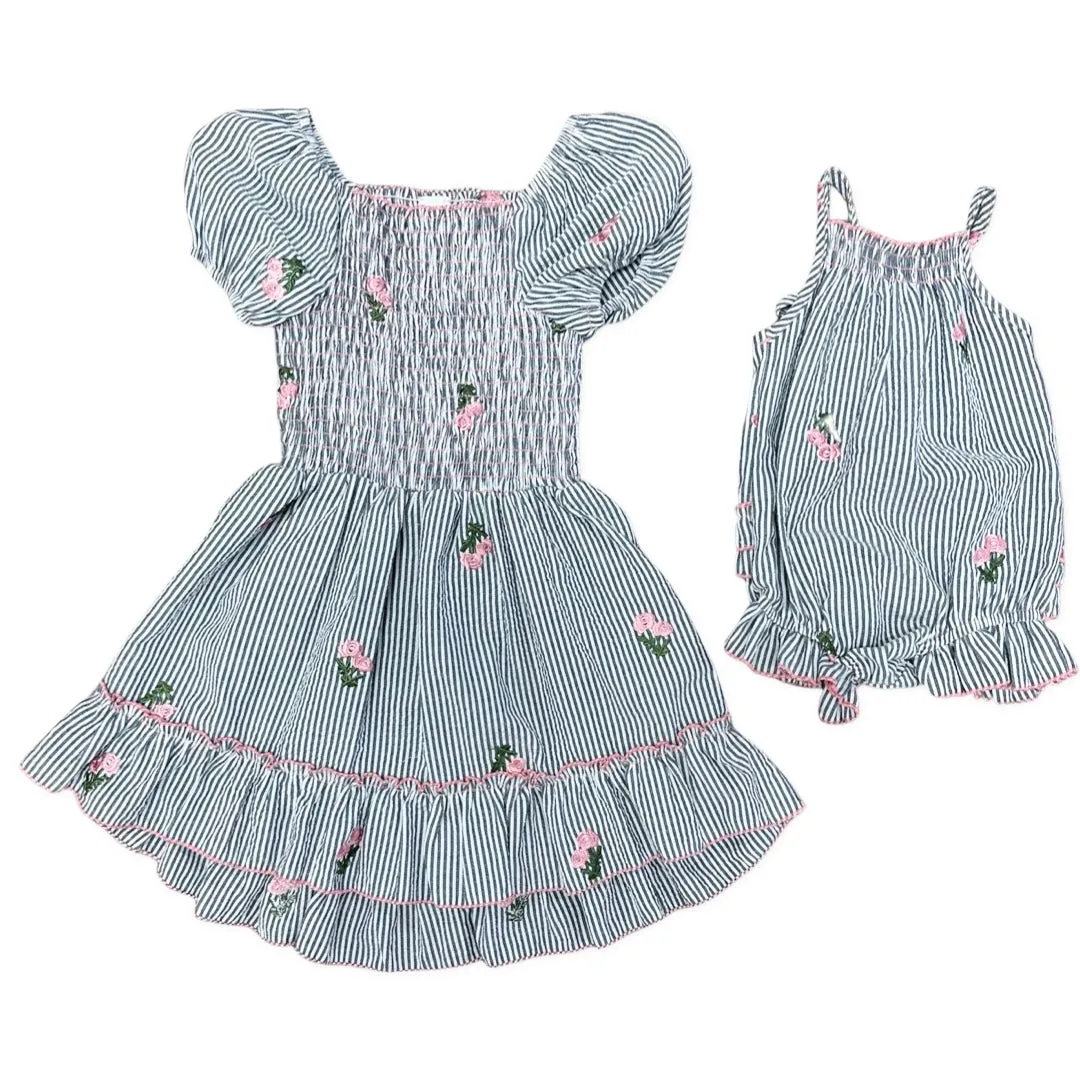 Little Mass Black & White w/Embroidered Flowers Smocked Hi Lo Dress