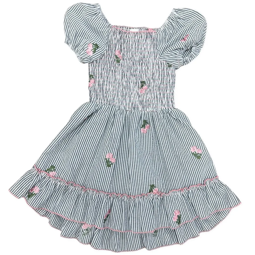 Little Mass Black & White w/Embroidered Flowers Smocked Hi Lo Dress