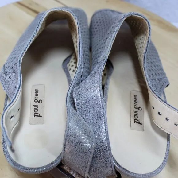 Paul Green Leather Sandal Womens Size 7 US Gray Metallic Perforated Block Heel
