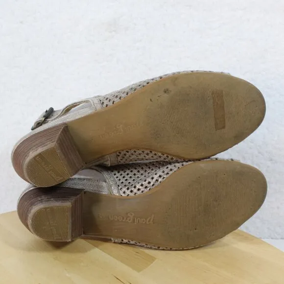 Paul Green Leather Sandal Womens Size 7 US Gray Metallic Perforated Block Heel