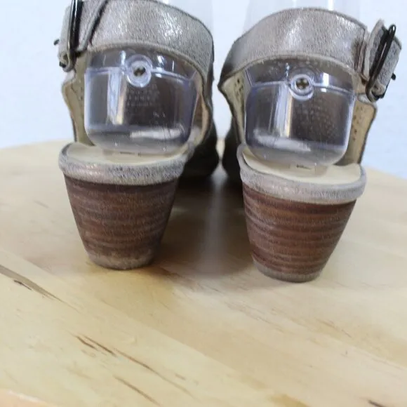 Paul Green Leather Sandal Womens Size 7 US Gray Metallic Perforated Block Heel