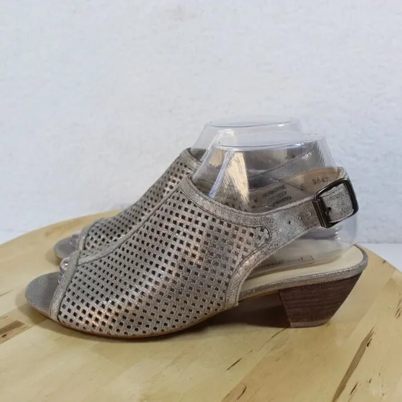Paul Green Leather Sandal Womens Size 7 US Gray Metallic Perforated Block Heel
