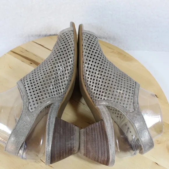 Paul Green Leather Sandal Womens Size 7 US Gray Metallic Perforated Block Heel