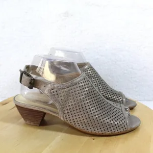 Paul Green Leather Sandal Womens Size 7 US Gray Metallic Perforated Block Heel