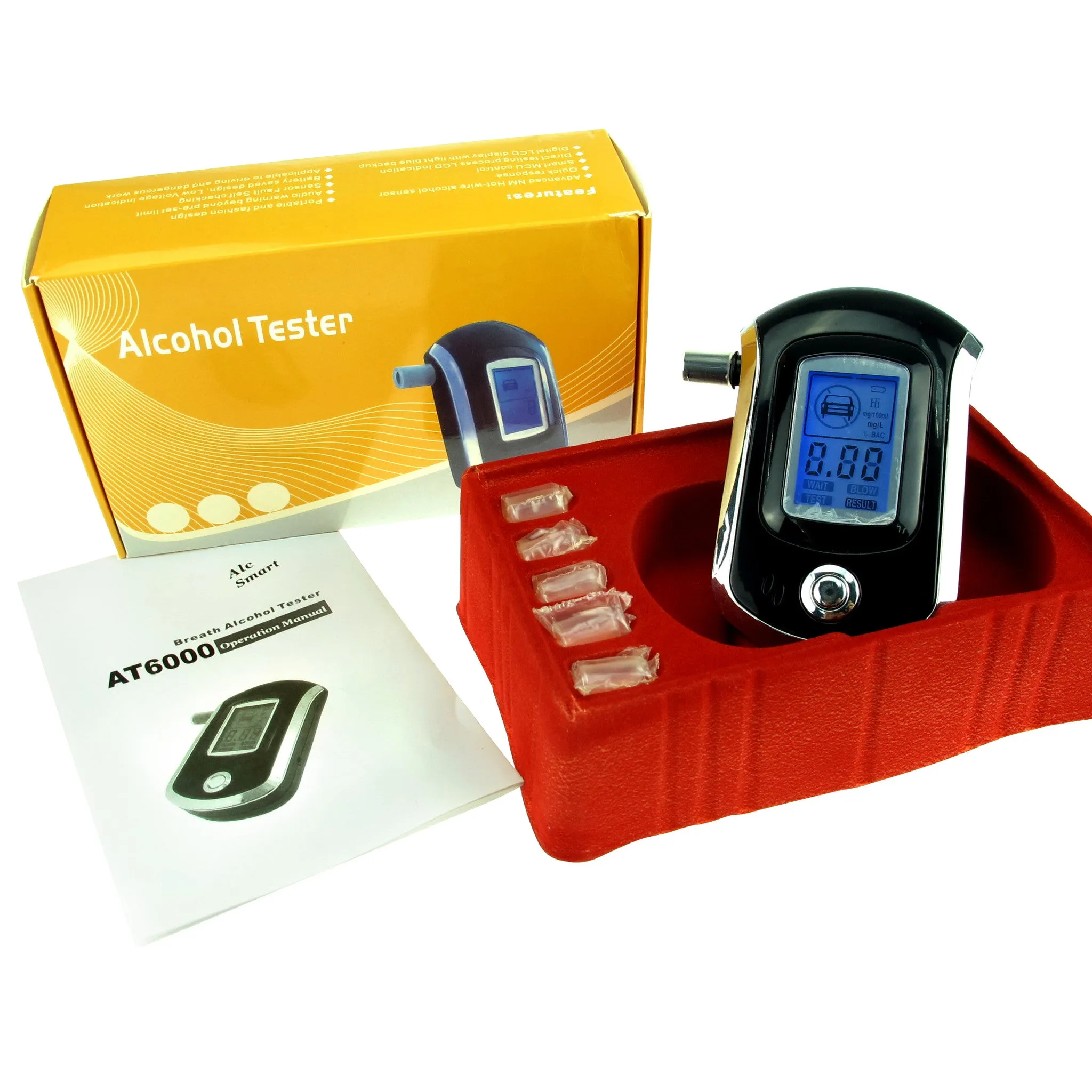 PD_2 Kibeland LCD Display Digital Breath Alcohol Tester with Semi-conductor Sensor 5 Mouthpieces