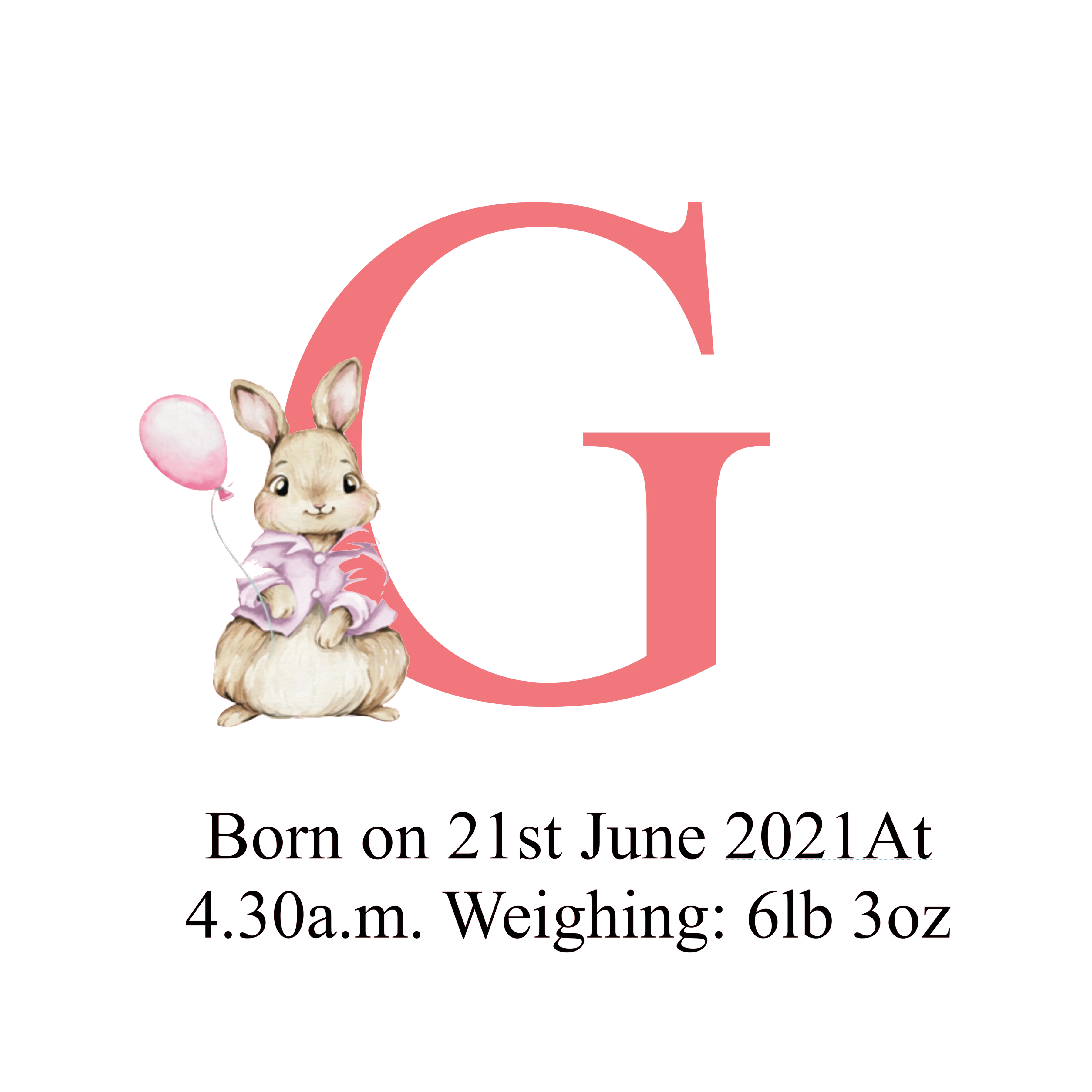 PERSONALISED BABY BIRTH KEEPSAKE INITIAL CUSHION COVER WITH PINK OR BLUE RABBIT