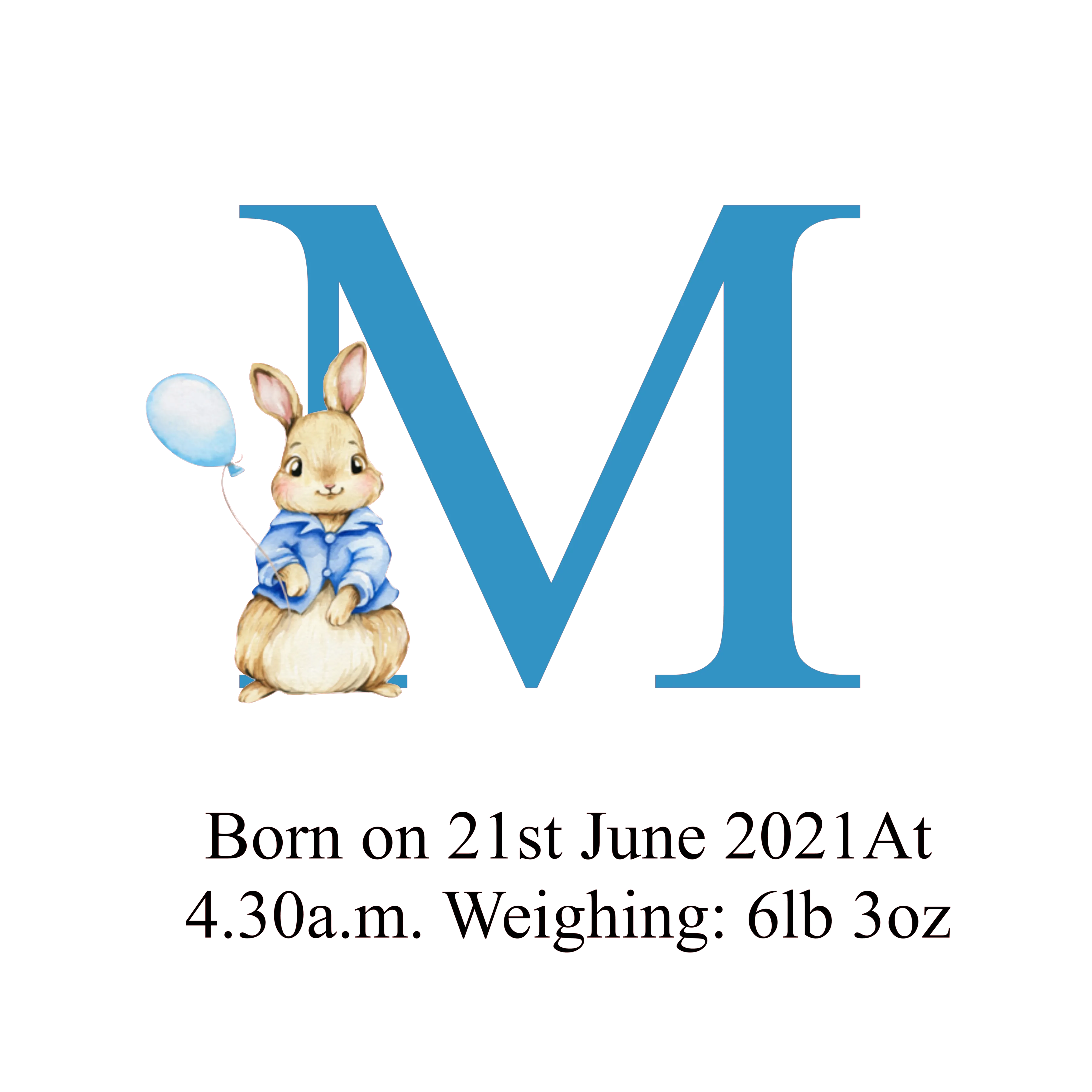 PERSONALISED BABY BIRTH KEEPSAKE INITIAL CUSHION COVER WITH PINK OR BLUE RABBIT