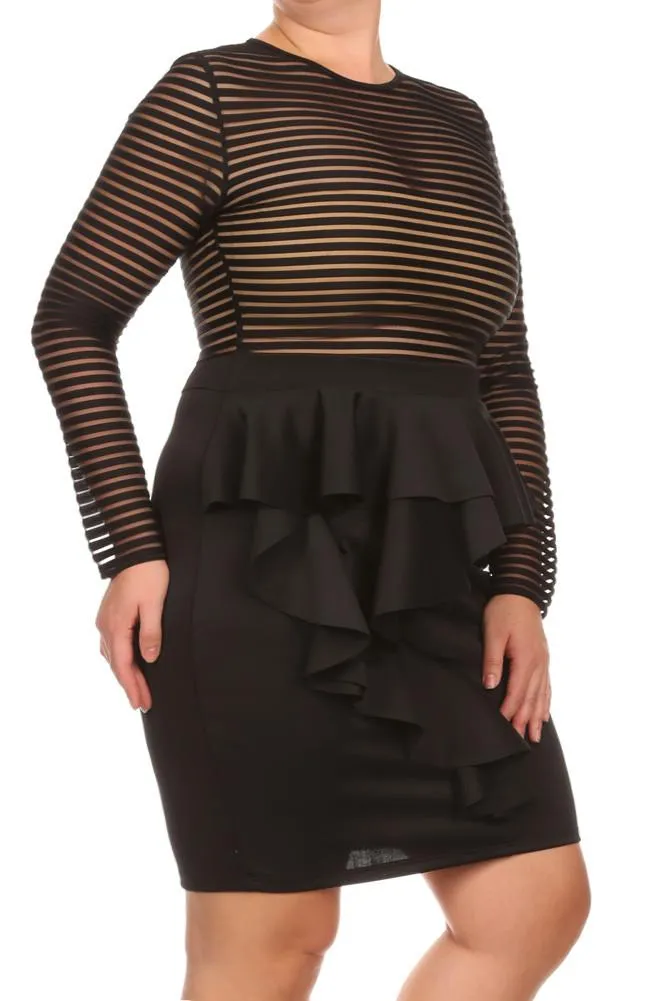 Plus Size Foxy Ruffle Skirt Mesh Stripes Dress