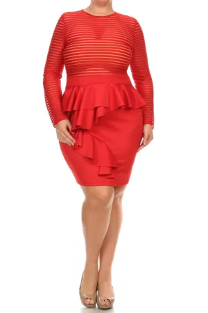 Plus Size Foxy Ruffle Skirt Mesh Stripes Dress