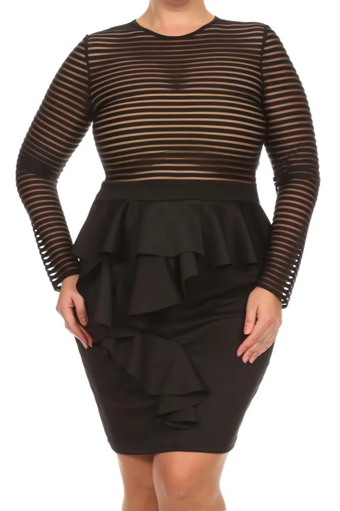 Plus Size Foxy Ruffle Skirt Mesh Stripes Dress