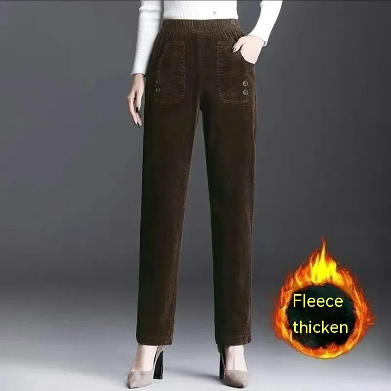Polyester Straight-leg Pants Women's High Waist Spring And Autumn Thickening Needlecord