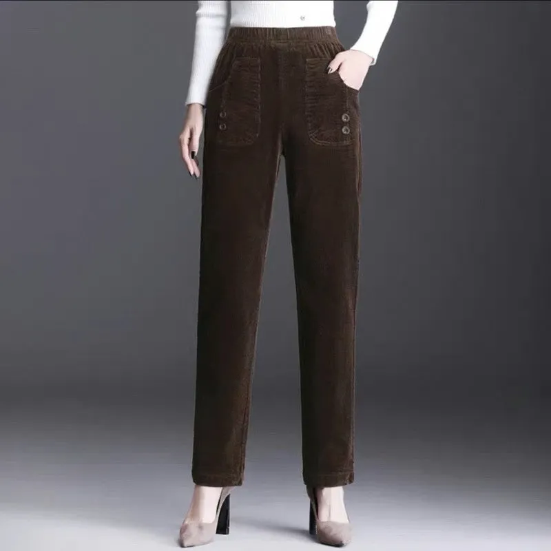 Polyester Straight-leg Pants Women's High Waist Spring And Autumn Thickening Needlecord