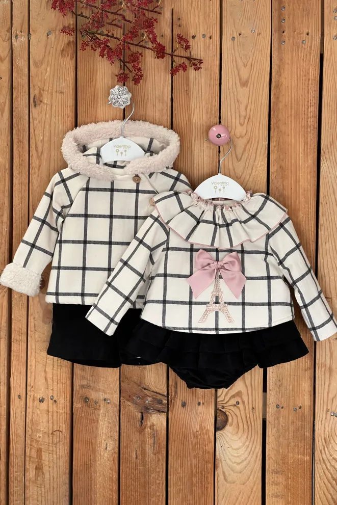 "Macie" Ecru Checked Sweatshirt & Black Skirt