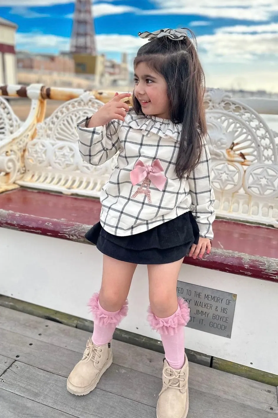 "Macie" Ecru Checked Sweatshirt & Black Skirt