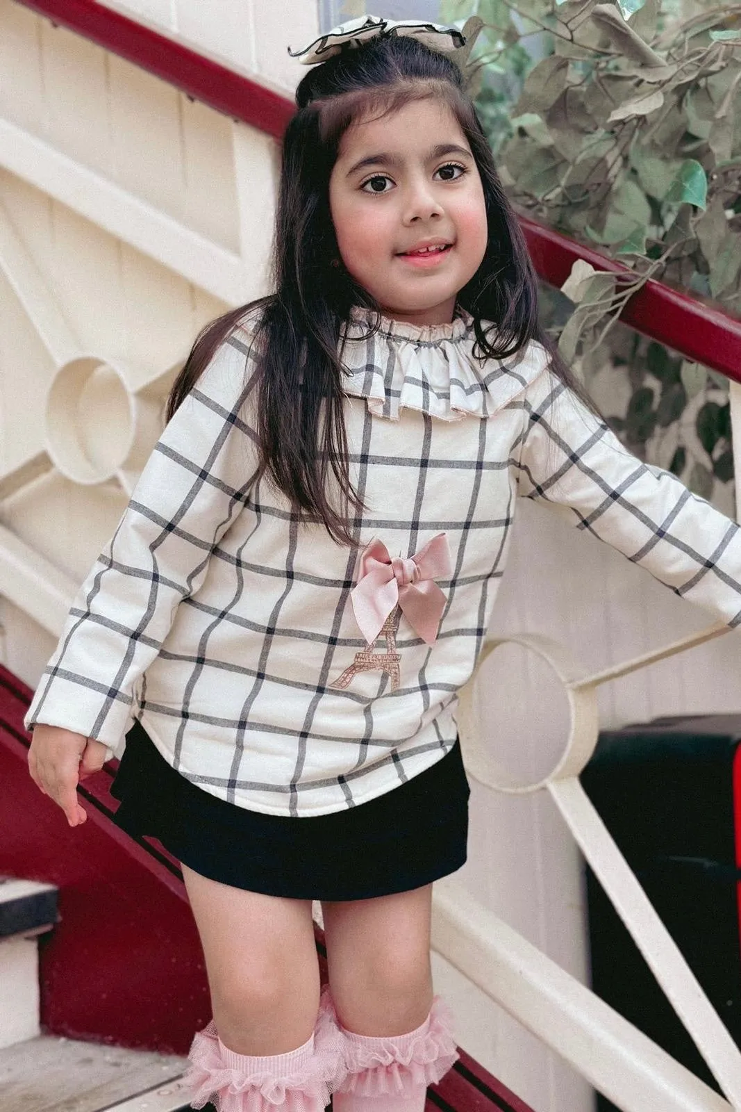 "Macie" Ecru Checked Sweatshirt & Black Skirt
