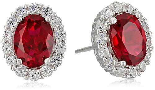 Sterling Silver Gemstone Oval Stud Earrings Created Ruby