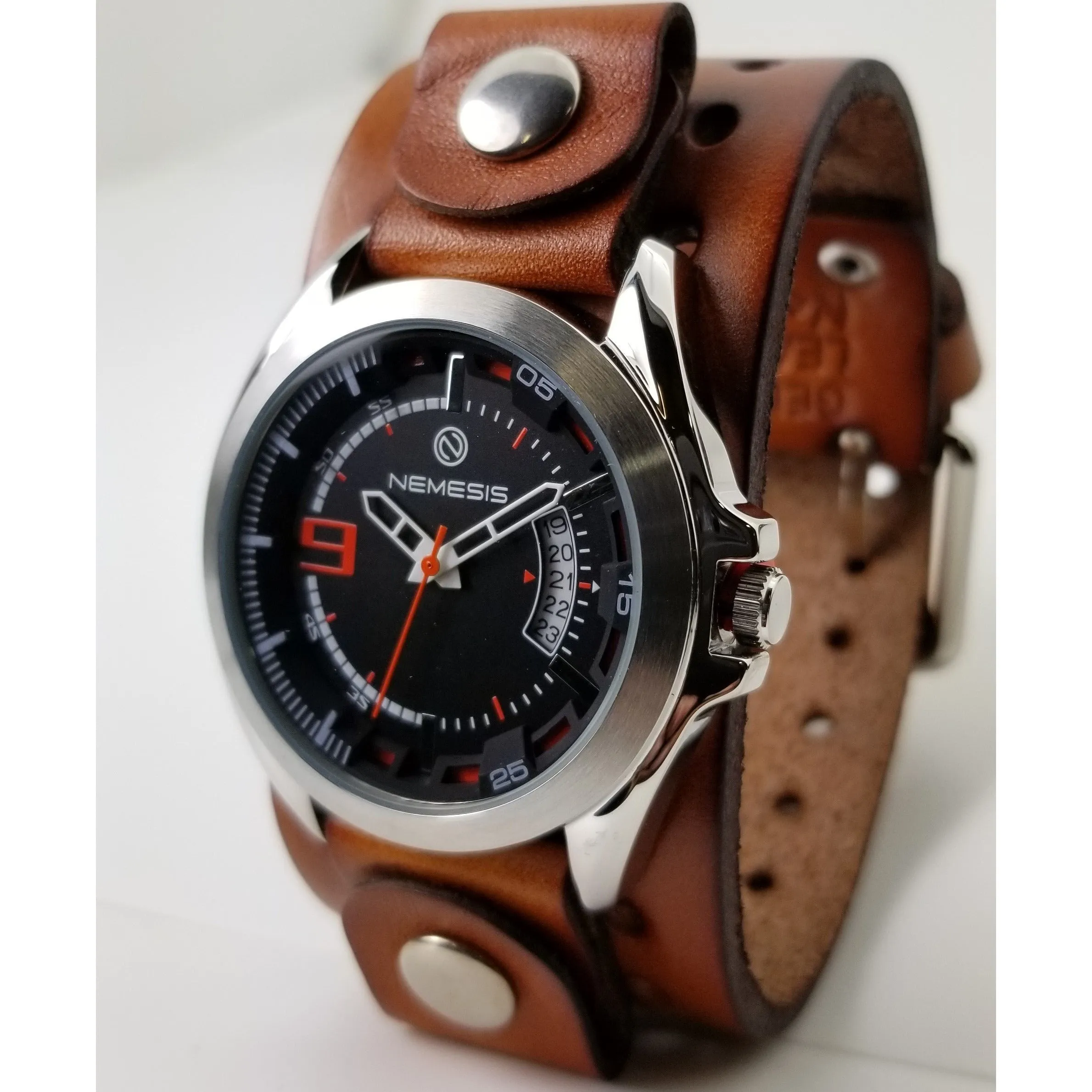 Sully Black/Orange Watch with Perforated Khaki Leather Cuff