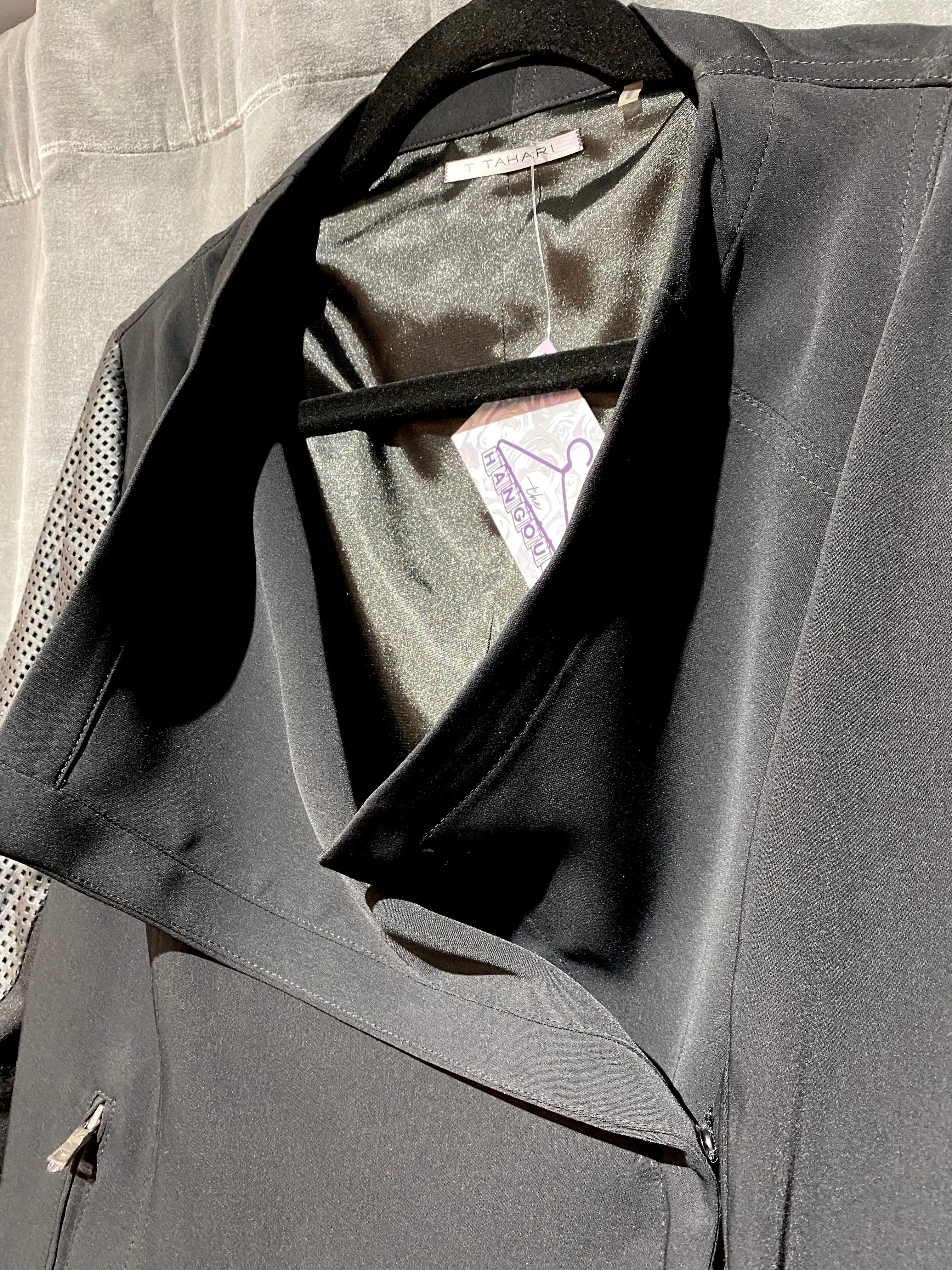 T Tahari Black Blazer with Perforated Leather Arms