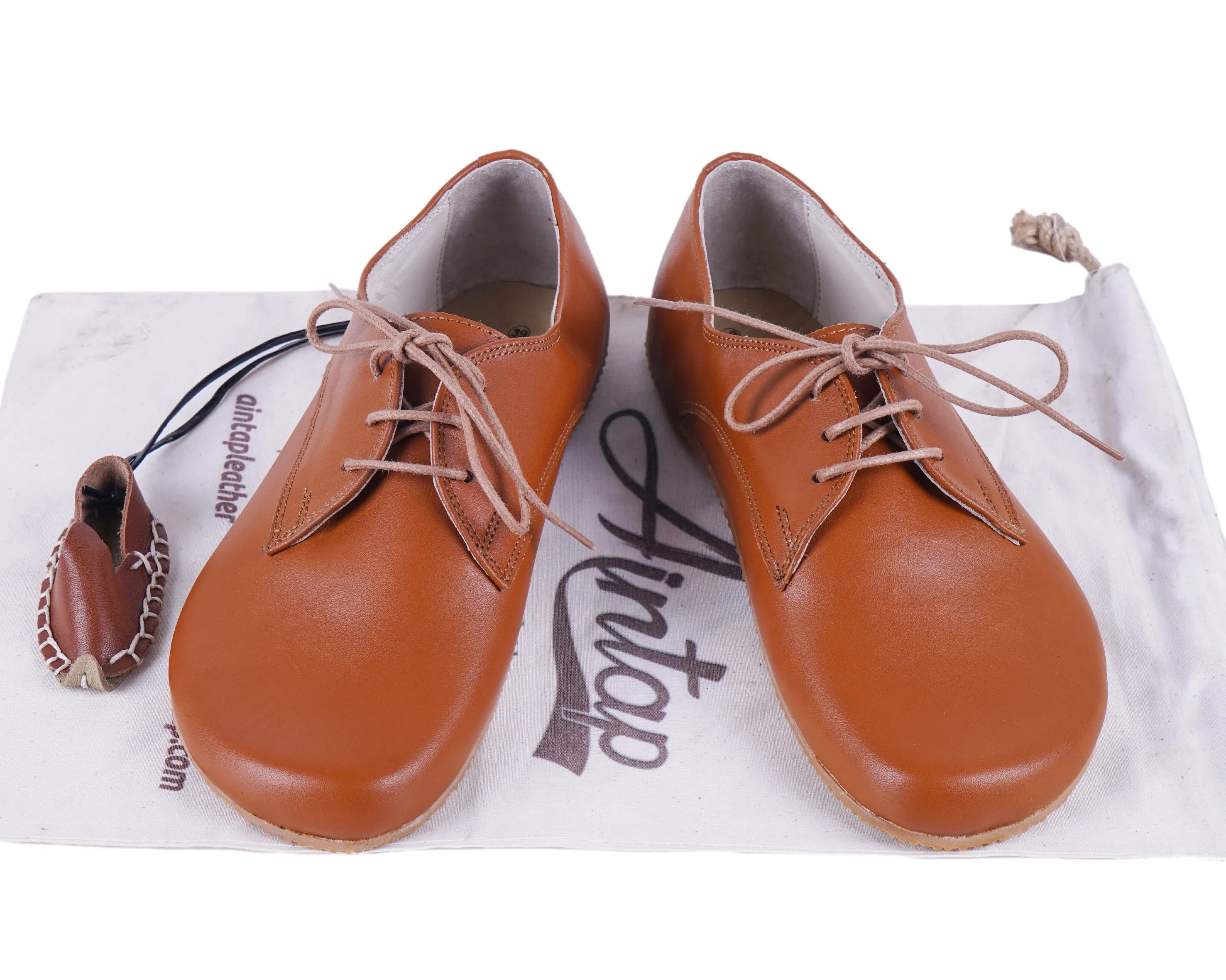Tan  Oxford Wide Barefoot Shoes Smooth Leather Handmade 4mm Rubber Outsole