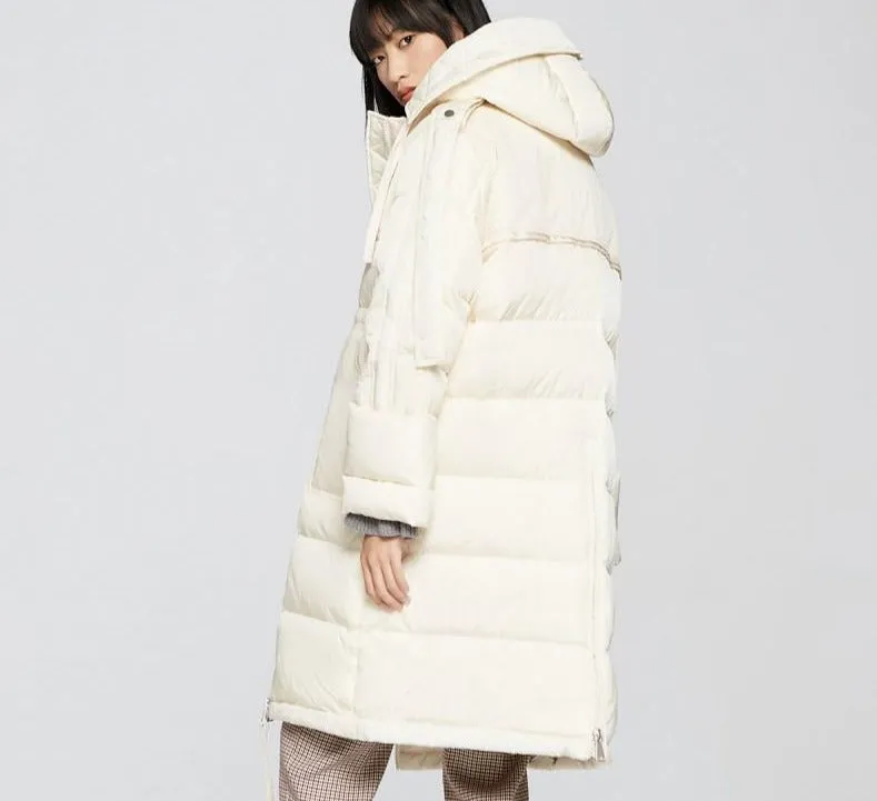 Women's Splicing Loose Long Style White Down Jacket