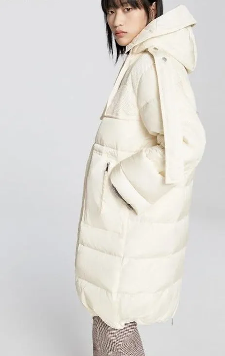 Women's Splicing Loose Long Style White Down Jacket